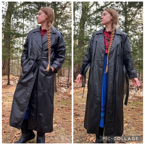 90s Wilsons Leather Maxi Trench Coat Black Men’s Size S - Picture 8 of 16